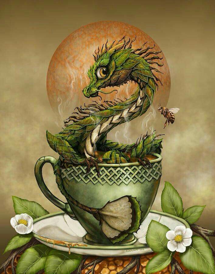 An Eastern style dragon swimming in a cup of tea.